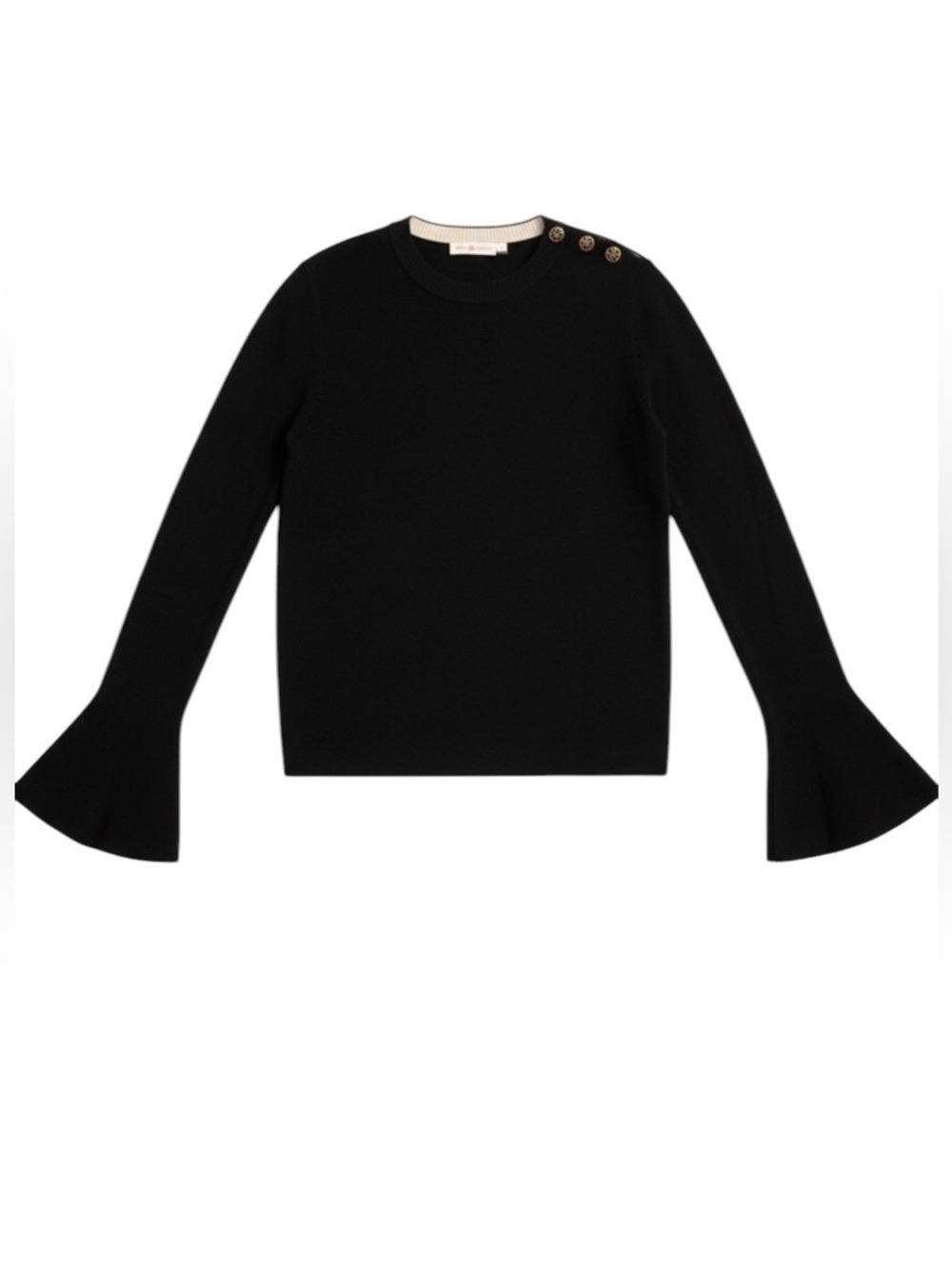 Tory Burch Kimberly‎ Black Merino Wool Sweater Bell Sleeve Gold Button Small